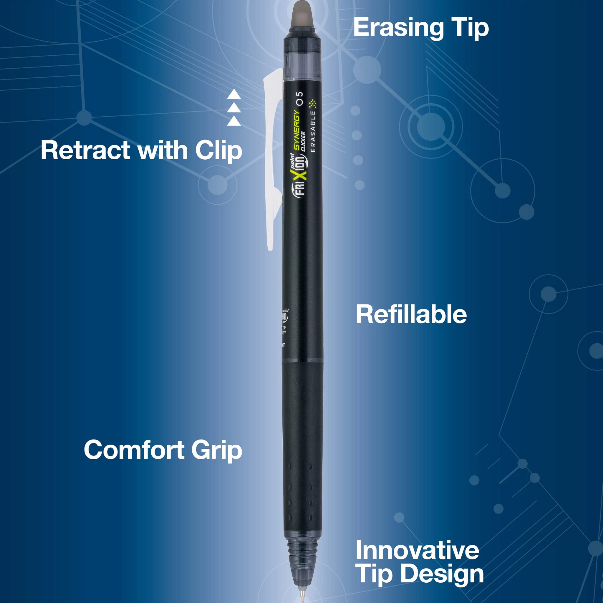 Pilot FriXion Synergy Clicker Erasable, Refillable, Retractable Gel Ink Pens, Extra Fine Point 0.5 mm, Pack of 7, Assorted Colors, FriXion Erasable Pens 0.5 - Ideal for School & Office Writing - Image 3