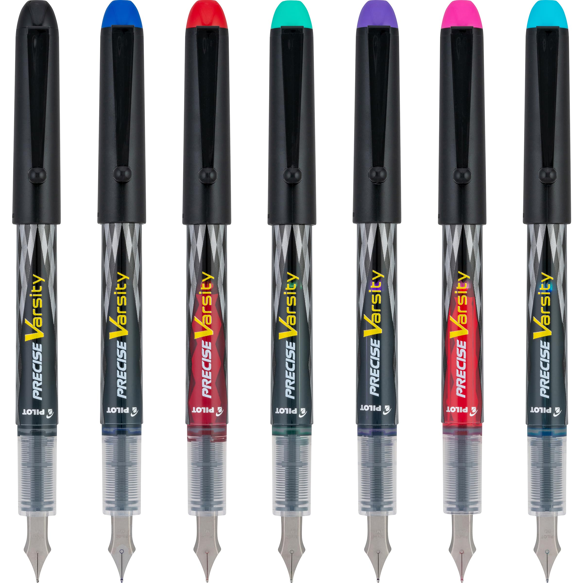 PILOT Pen 90029 Precise Varsity Pre-Filled Fountain Pens, Medium Point Stainless Steel Nib, Black/Blue/Red/Pink/Green/Purple/Turquoise, 7-Pack Pouch - Image 4