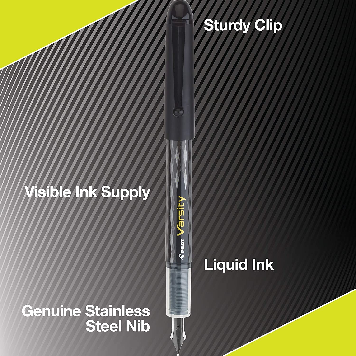 Pilot, Precise Varsity Pre-Filled Fountain Pens, Medium Point 1 mm Stainless Steel Nib, Black, 6-Pack - Image 4